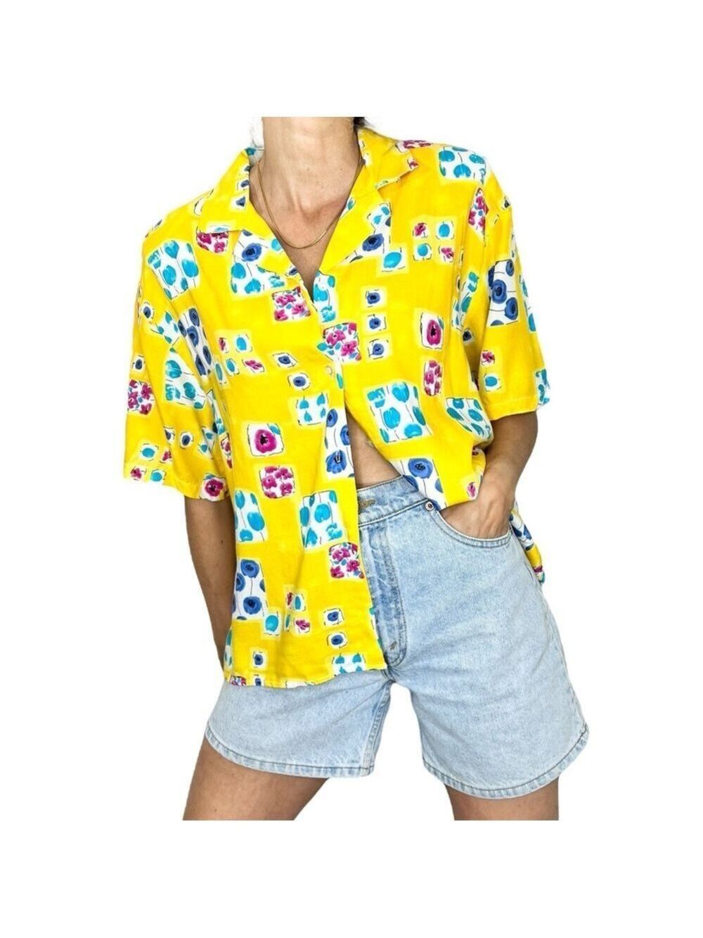 NWT vintage deadstock bright yellow geometric floral print short sleeve top 18